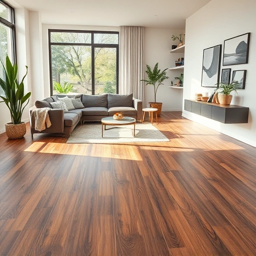 Luxury Vinyl Tile installation in a modern living room with wood grain texture, natural light, and minimalist decor.