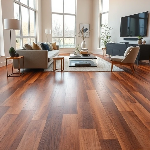 Luxury Vinyl Plank flooring in a modern Ann Arbor living room with elegant decor and natural light highlighting textures.