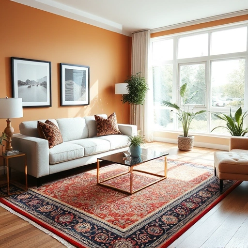 Completed area rug installation in a stylish Ann Arbor living room featuring a plush patterned rug and modern decor.