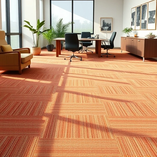 Completed carpet flooring installation in a modern office with vibrant colors, plush texture, and stylish furniture.