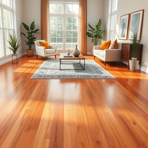 Modern living space in Milford, MI with warm-toned hardwood flooring, stylish furniture, and natural light ambiance.