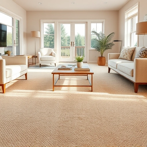 Completed carpet flooring installation in a cozy living room with plush beige carpet and modern furniture in Dexter MI.