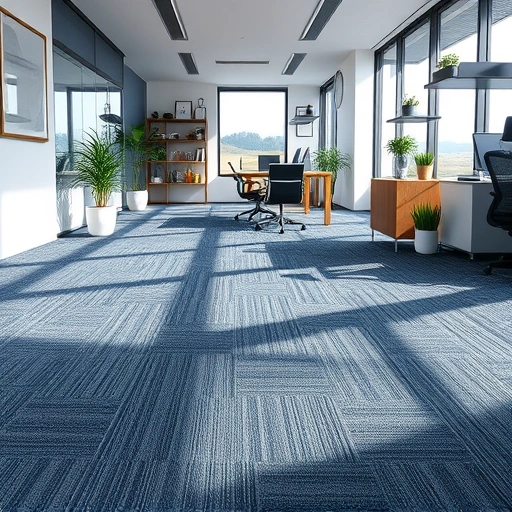Modern office in Milan MI featuring deep blue and soft gray carpet, sleek furniture, and natural light.