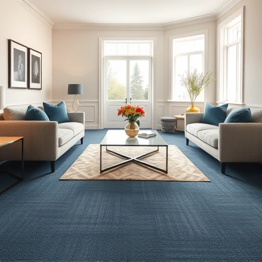 Luxurious deep blue carpet in a modern living room with elegant furniture and fresh flowers in Dexter MI.