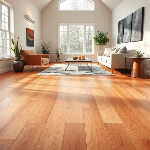 Polished hardwood flooring installation in a stylish living room in Sterling Heights, showcasing warm tones and elegant decor.