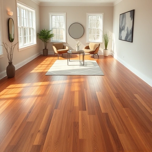 Stunning hardwood floor installation in Saline MI with warm tones, white baseboards, and modern decor accents.