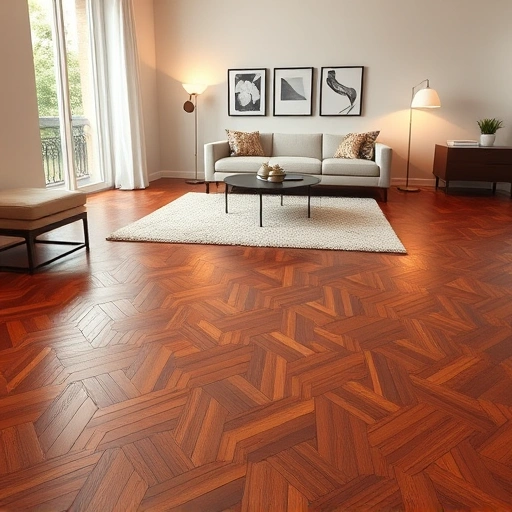 Spacious living room in Ann Arbor with herringbone hardwood floors, modern furniture, and warm natural light.