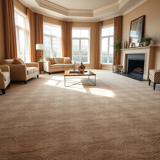 Spacious living room in Birmingham MI featuring plush beige carpet, cozy fireplace, and elegant decor.