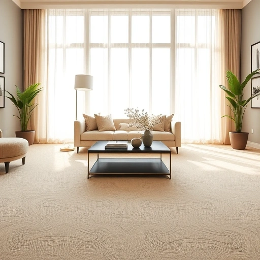 Carpet flooring installation in a stylish living room in Hamburg Township, MI, featuring warm beige tones and natural light.