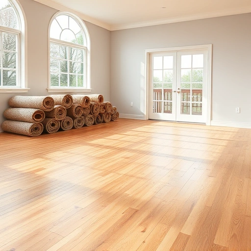 Spacious living room in Ann Arbor with exposed hardwood floors, natural light, and neatly stacked carpet rolls.