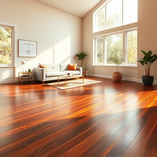 Spacious room in Ann Arbor with warm light, dark polished hardwood flooring, minimalist decor, and potted plants.