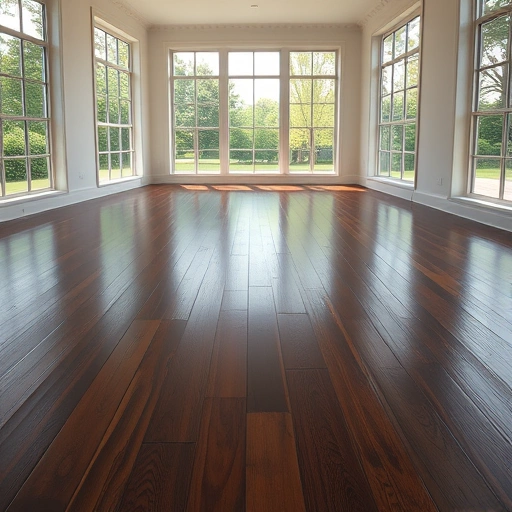 Spacious room with dark hardwood flooring, large windows, and soft wall colors, highlighting Ann Arbor's greenery.