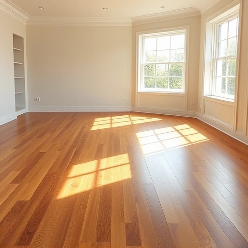Spacious room with gleaming hardwood flooring under natural light highlighting intricate grain patterns.