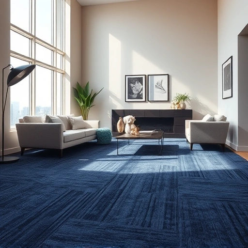 Completed carpet installation in South Lyon MI featuring navy blue plush carpet in a stylish living space with natural light.