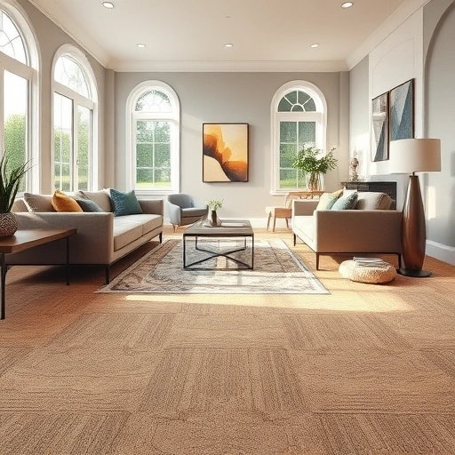Completed carpet installation in a stylish Chelsea MI living room featuring plush beige flooring and modern decor.