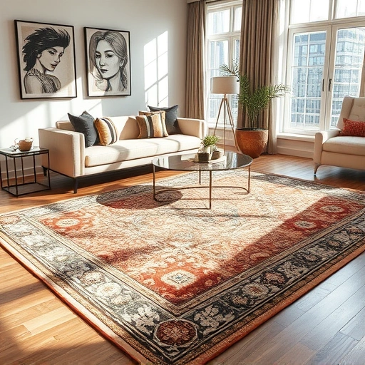 Elegant living room in Ann Arbor with a plush area rug on hardwood, sunlit decor, and modern accents.