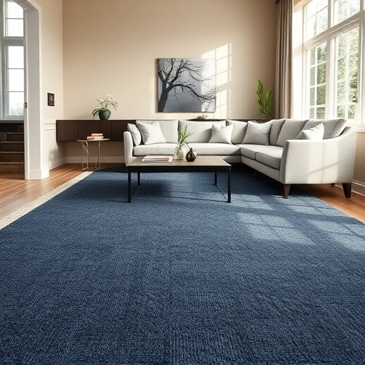 Modern living room in Rochester Hills with deep navy carpet, beige walls, stylish furniture, and natural light.