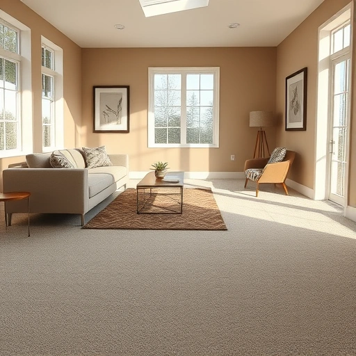 Spacious living room in Dexter, MI with plush carpet, cozy sofa, and warm color palette, showcasing expert flooring installation.
