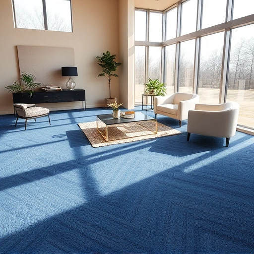 Luxurious living room in Brighton, MI with deep blue carpet, modern furniture, and natural light highlighting textures.