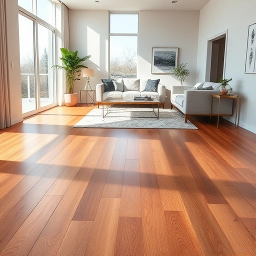 Engineered hardwood flooring in a modern living room with natural light showcasing rich wood textures and elegant decor.