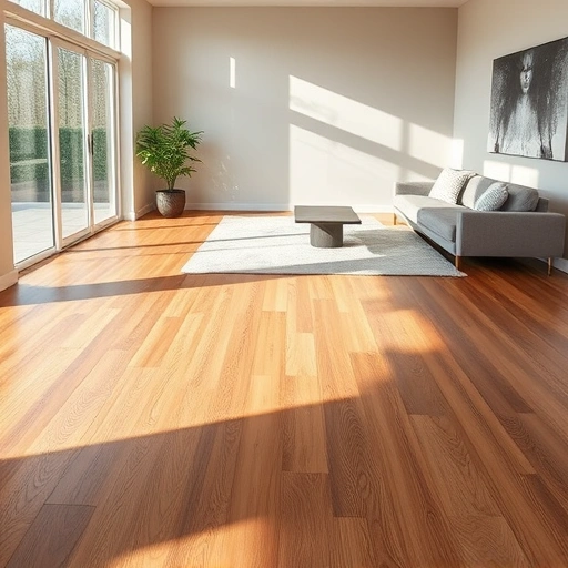 Completed hardwood flooring in a modern living room with natural sunlight, neutral walls, and minimalist decor.