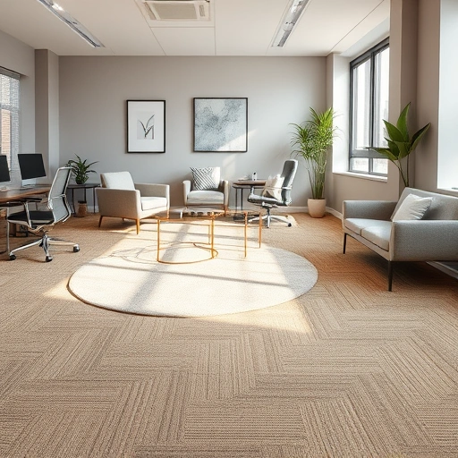 Completed carpet flooring installation in a modern Ann Arbor office with beige taupe tones and sleek decor.