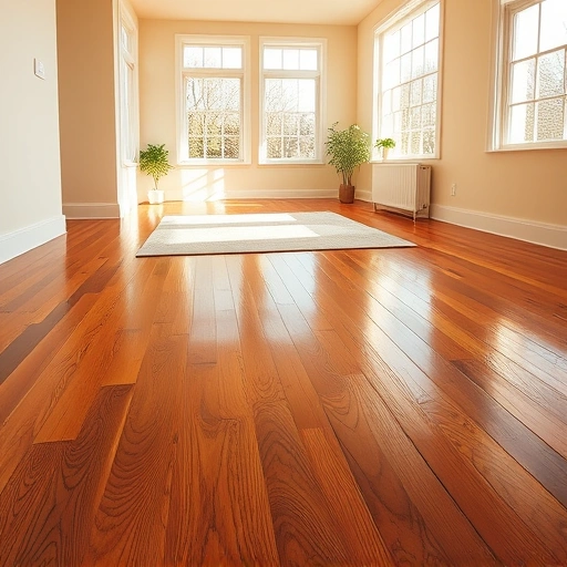 Spacious room with polished hardwood flooring, warm natural light, white baseboards, and soft area rug in Ann Arbor.