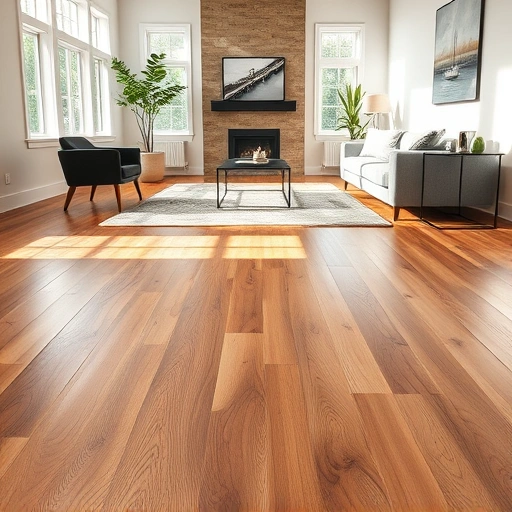 Completed hardwood flooring installation in a modern living room in Superior Township MI, showcasing rich tones and craftsmanship.