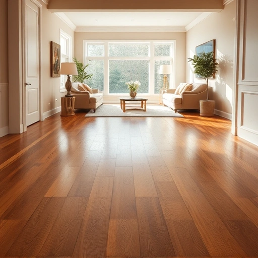 Completed hardwood flooring project in Walled Lake, MI, showcasing rich tones and elegant decor in a serene living space.