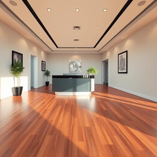 Completed flooring installation in Commerce Township MI features polished hardwood, sleek reception desk, and modern decor.