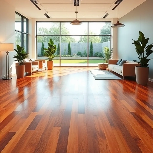 Modern office with polished hardwood flooring, large windows, minimalist furniture, and serene courtyard view.