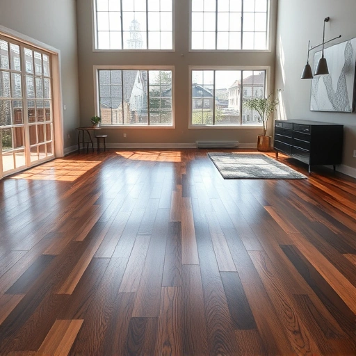 Spacious room in Ann Arbor with large windows, dark hardwood flooring, and charming local architecture visible.