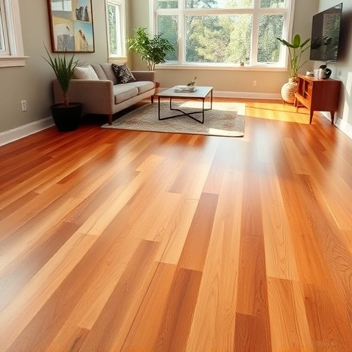 Spacious Novi MI living area with elegant hardwood flooring, warm tones, stylish furniture, and natural light.