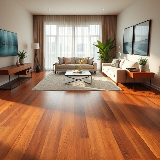 Modern living room in Ann Arbor MI showcasing warm hardwood flooring, minimalist decor, and natural light.