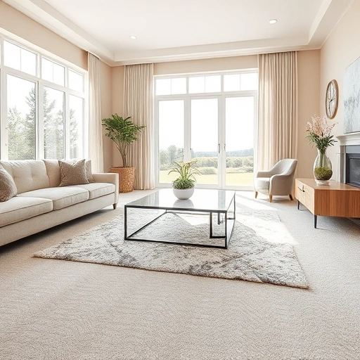 Completed carpet flooring installation in a modern living room, featuring plush neutral tones and elegant decor.
