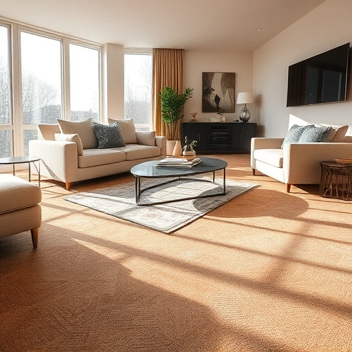 Elegant living room with plush carpet installation in warm earthy tones, stylish decor, and natural light.