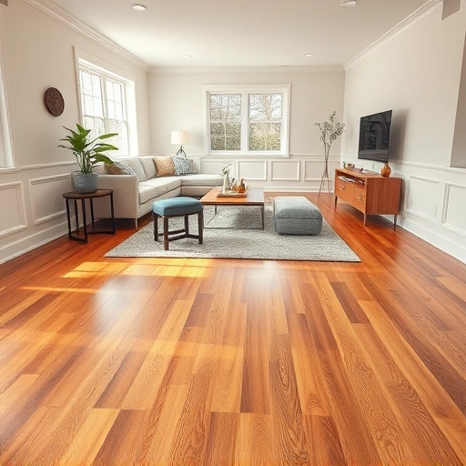 Stunning hardwood flooring in a bright living room in Dexter MI featuring elegant baseboards and modern decor.