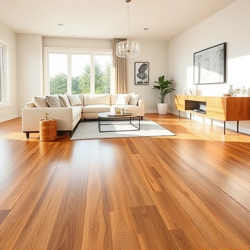 Spacious living room with elegant oak hardwood floors, modern furnishings, and natural light enhancing the cozy atmosphere.