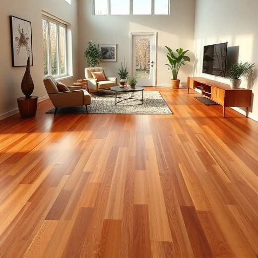 Perfectly installed hardwood flooring in Ypsilanti MI, featuring rich tones, ambient lighting, and modern decor.