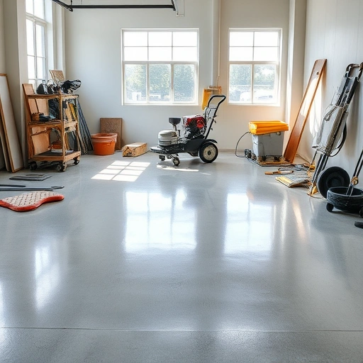 Pristine concrete floor preparation in Ann Arbor MI, featuring organized tools and a clean workshop environment.