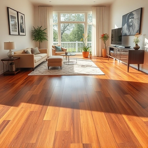 Polished hardwood flooring in a modern Rochester Hills living room with warm tones and natural light reflections.