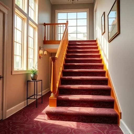 Carpeted staircase installation in Ann Arbor MI with elegant patterns and warm wood railings in a well-lit hallway.