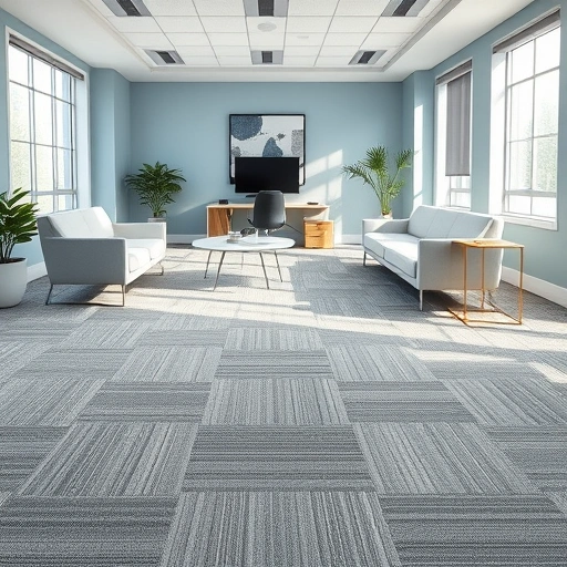 Completed carpet flooring installation in a modern office with geometric pattern, natural light, and minimalist decor.