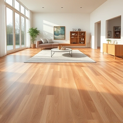 Completed flooring installation in Wixom MI showing wood grain details in a bright, elegant room with modern decor.