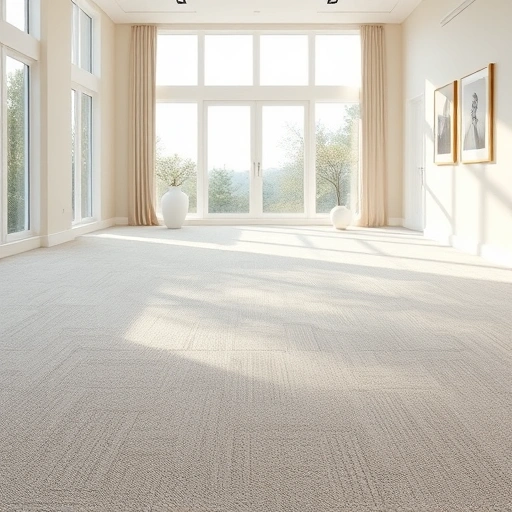 Spacious room with plush geometric carpet in neutral tones and natural light, showcasing elegant flooring design.