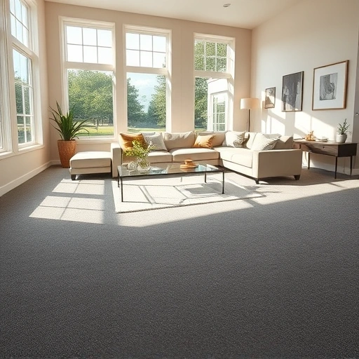 Spacious living room in Dexter, MI with deep gray carpet, modern furniture, and soft beige walls creating a tranquil atmosphere.