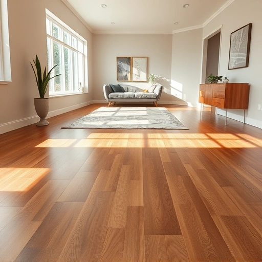 Completed hardwood flooring installation in a spacious, well-lit room with neutral walls and modern decor.