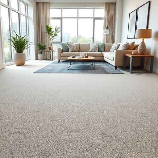 Modern living room with plush beige and gray geometric carpet flooring, elegant furniture, and natural light.