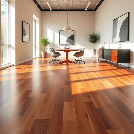 Completed hardwood flooring installation in a modern Northville office with contemporary furniture and natural light.