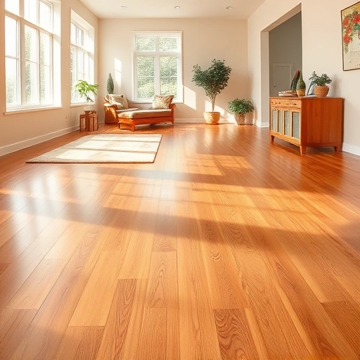 Spacious contemporary room in Ann Arbor with polished hardwood flooring, neutral walls, and vibrant area rug.